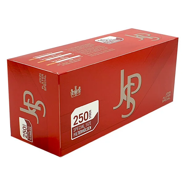 Rote Schachtel mit John Player Special-Filterröhrchen mit 250er-Etikett und Produktdetails.
